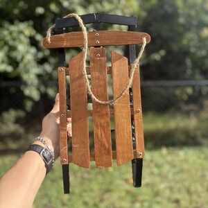 Rustic Wood Stain Sled Black Runners & Jute Rope Christmas Winter Holiday Decor